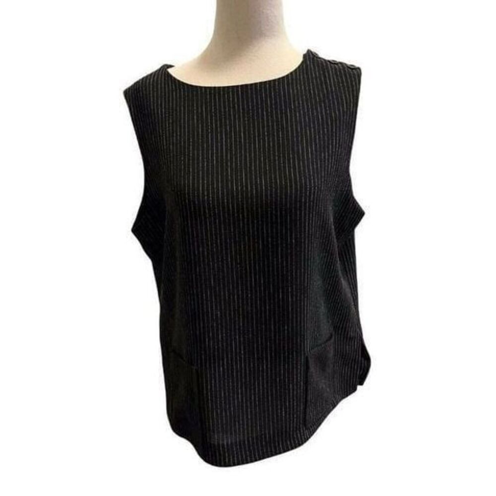 Linda Allard Ellen Tracy Black Pin Stripe Boat Top Sleeveless Blouse Size 12